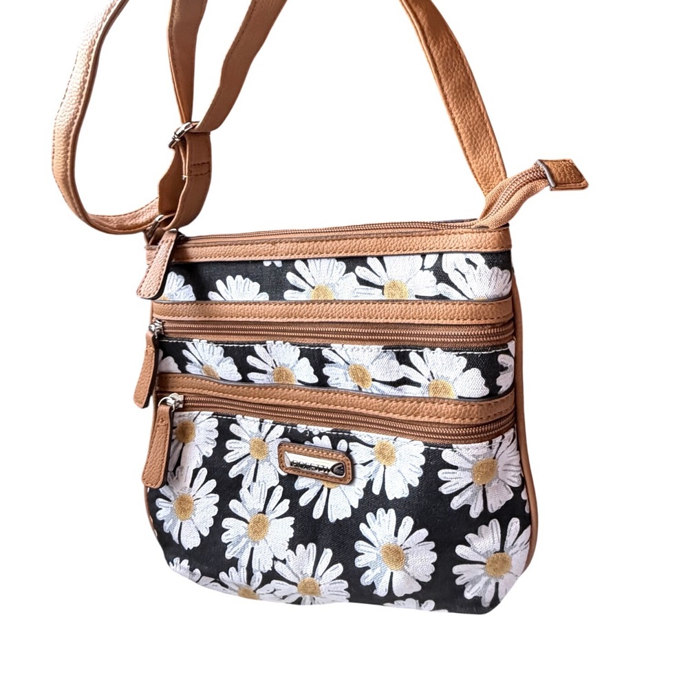 Rosetti Womens Daisy Floral Crossbody Bag Black Brown Canvas Triple Zip Purse - Picture 6 of 7